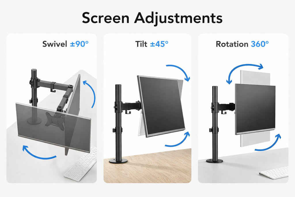 VGSOLID AC12 Adjustable Monitor Stand – 17–32″ Screen Support, VESA 75×75 / 100×100, 0–9 kg Capacity, Tilt ±45°, 360° Rotation – Desk Mount, Black