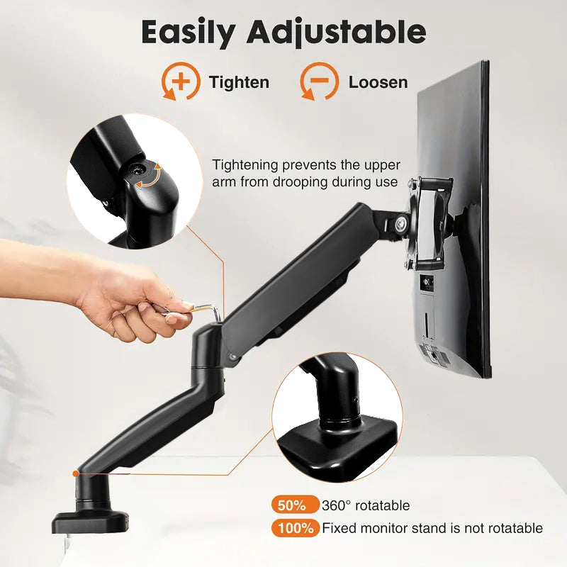 VGSOLID Single Gas Spring Monitor Arm, for 17–32″ Screens, VESA 75×75 / 100×100, Tilt ±45° & 360° Rotation – Black