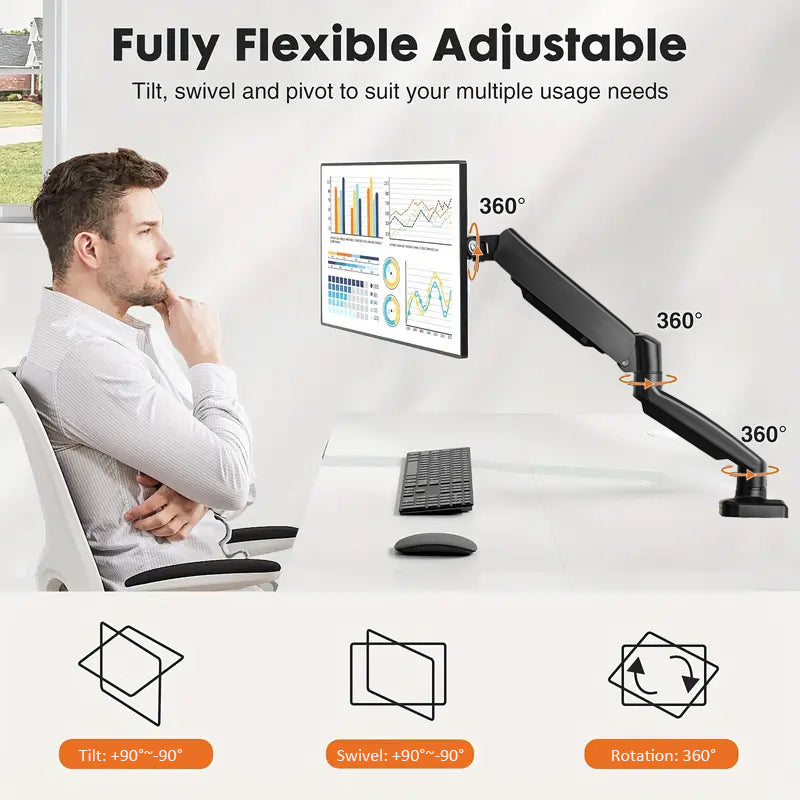 VGSOLID GC45 Premium Gas Spring Monitor Arm – 27"–45" Adjustable Desk Mount, VESA 75x75/100x100, 2–17 kg, Tilt ±45°, 360° Rotation