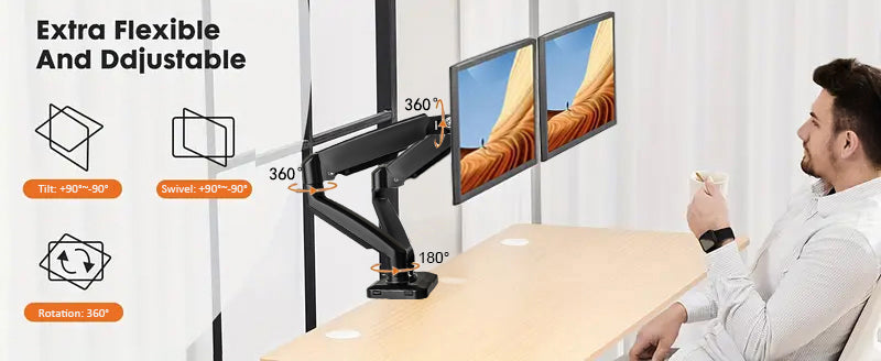 Dual gas-spring monitor arms for 17″–32″ (two monitors) | 2–9 kg/monitor, VESA 75×75, 100×100
