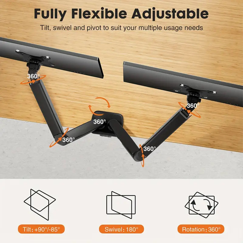 Dual gas-spring monitor arms for 17″–32″ (two monitors) | 2–9 kg/monitor, VESA 75×75, 100×100