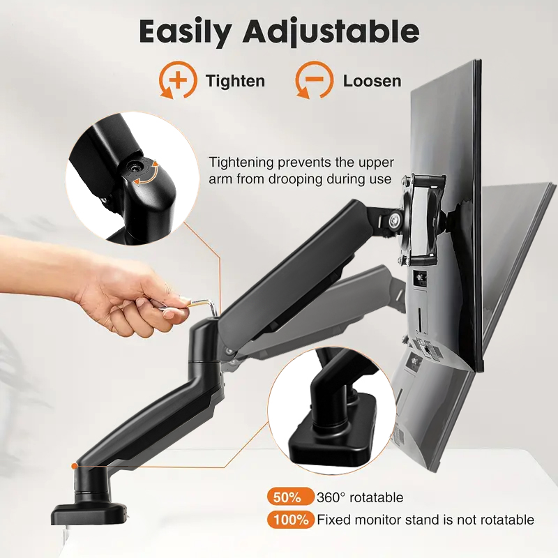 Dual gas-spring monitor arms for 17″–32″ (two monitors) | 2–9 kg/monitor, VESA 75×75, 100×100